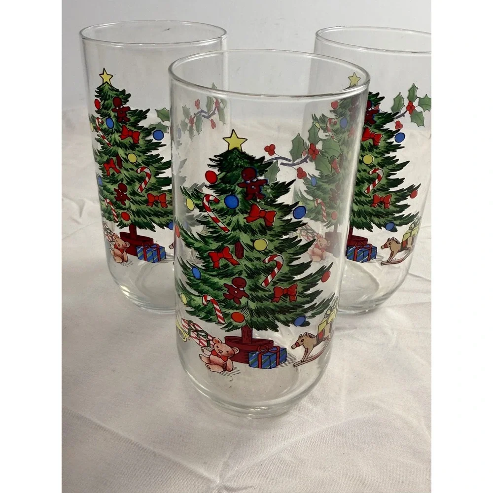Vintage Christmas Tree Highball Glasses Set of 3 Holiday Holly Berry Tumblers